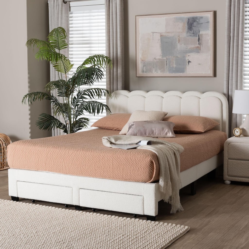 Caradonna Cream Teddy-Bear Fabric Bed with Storage Drawers - Fully Upholstered Platform Bed with Scalloped Headboard, Queen