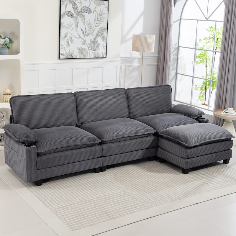 113" L Shaped Sectional Sofa, Deep Seat Cloud Couch with Ottoman, Oversized Corduroy Couch with Cup Holders, Storage Bags