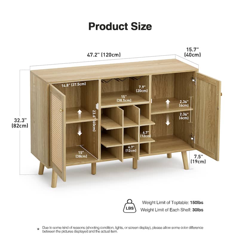 Anmytek Farmhouse Wood Rattan 2-Door Kitchen Buffet Sideboard Storage Wine Cabinet with Wine Rack and Glass Holder