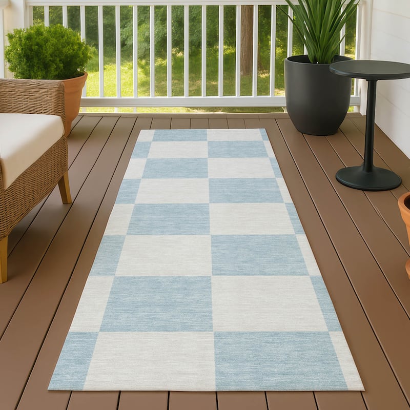 Machine Washable Indoor/ Outdoor Modern Checker Chantille Rug - Sky - 2'3" x 7'6"