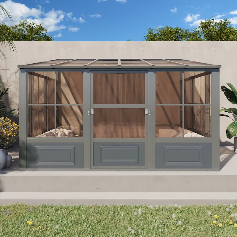 Erommy Wall Mounted Sunroom with Sliding Doors, All-Season Aluminum Patio Gazebo, Outdoor Permanent Sunroom Shelter - 10' x 12' - Grey