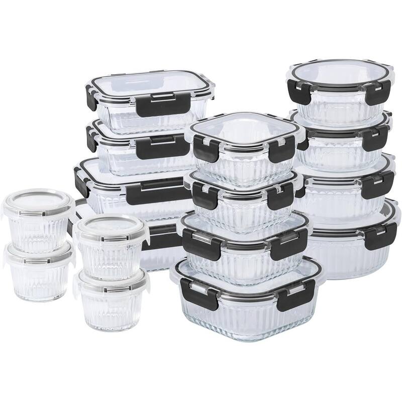 COOK WITH COLOR Premium 32-Pc. Borosilicate Glass Food Container Set with Dividers Leakproof Lids - Meal Prep, Storage - Fluted Black