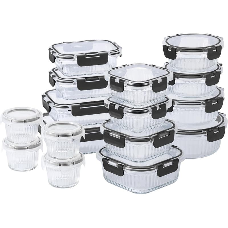 COOK WITH COLOR Premium 32-Pc. Borosilicate Glass Food Container Set with Dividers Leakproof Lids - Meal Prep, Storage