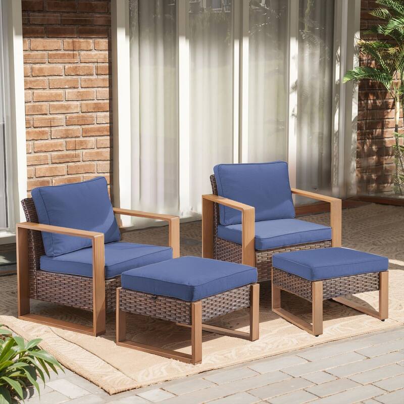 Gymojoy Outdoor Wicker Patio Furniture Chair Set - 4-Piece - Club Chairs & Ottomans - Brown Wicker / Blue Cusion