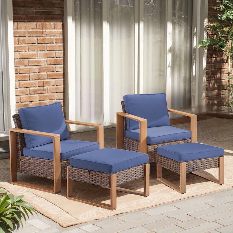Outdoor Patio Chair with Thick Cushion - Brwon Wicker Blue Cushion - 4PCS Patio Chair w/ Ottoman