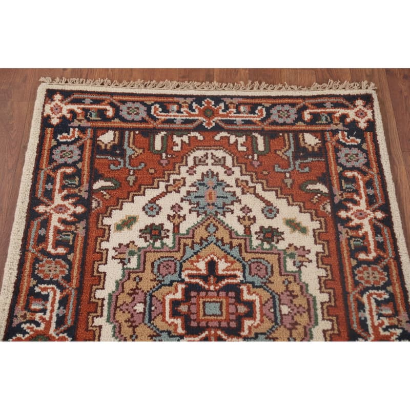 Geometric Beige Heriz-Serapi Oriental Runner Rug Handmade Wool Carpet - 2'6"x 8'0"
