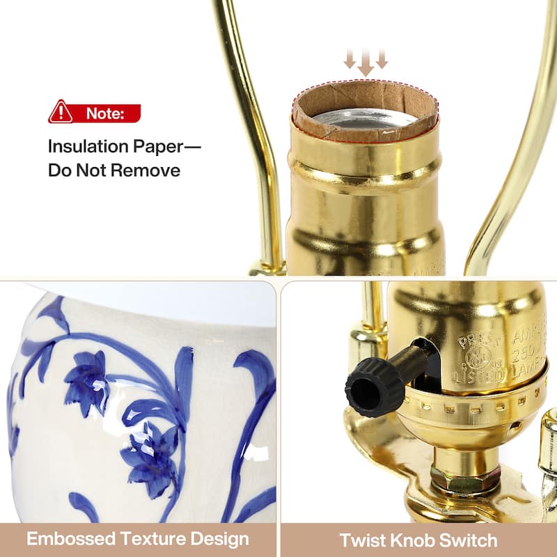 Blue and White Porcelain Table Lamp with Linen Shade - 13'' W × 13'' D × 26'' H