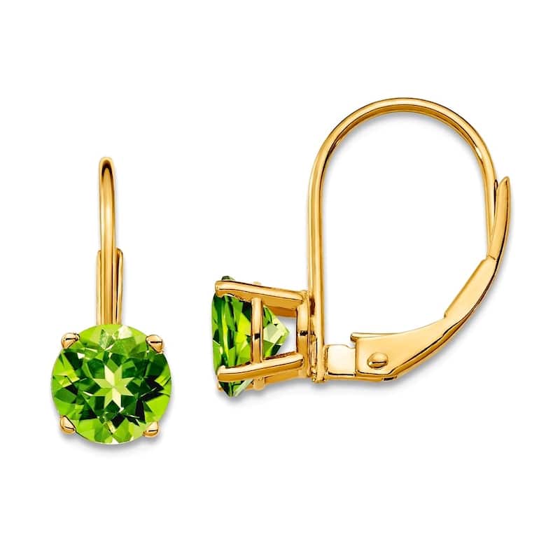 Curata 14k Yellow Gold 6mm Round Genuine Gemstone Leverback Earrings - 17x6mm - Peridot