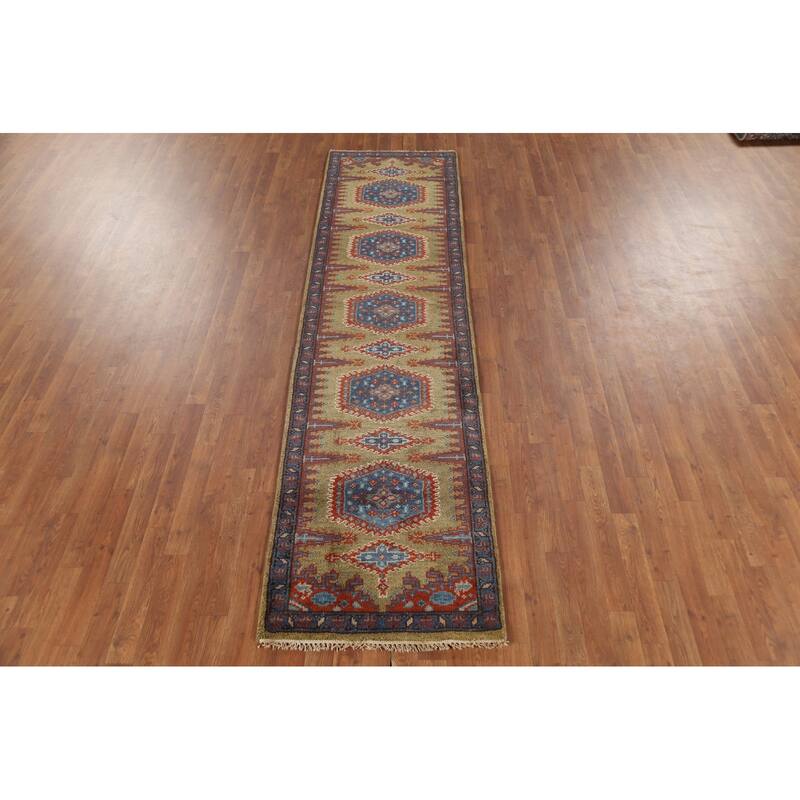 Green Geometric Viss Indian Runner Rug Hand-Knotted Wool Carpet - 2'6"x 9'7"