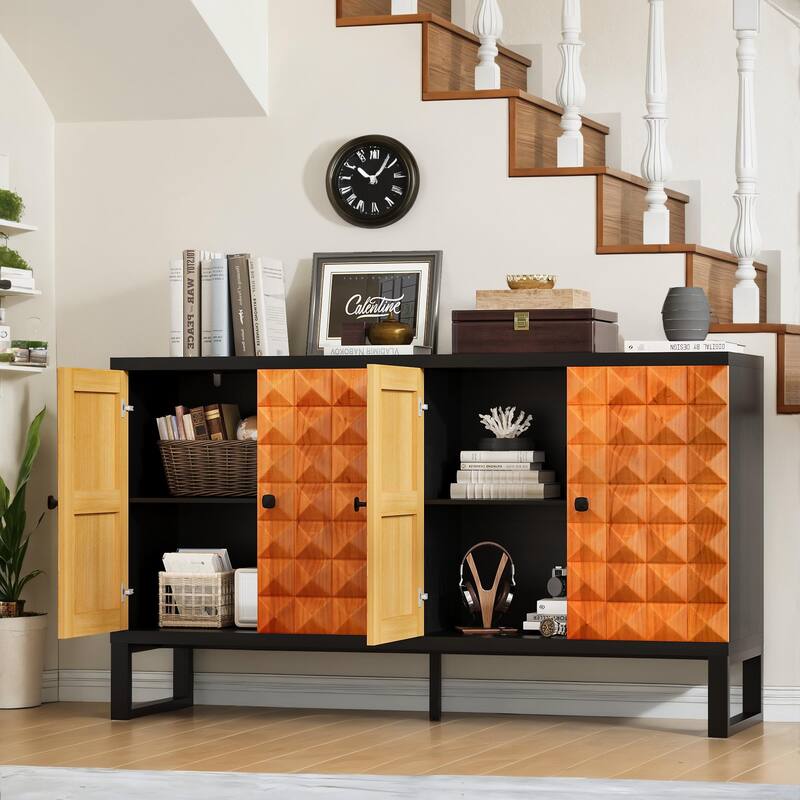 Four Door Sideboard Buffet Cabinet Accent Cabinet with Geometric Patterns, Wooden Storage Cabinet TV Console Table - orange-yellow