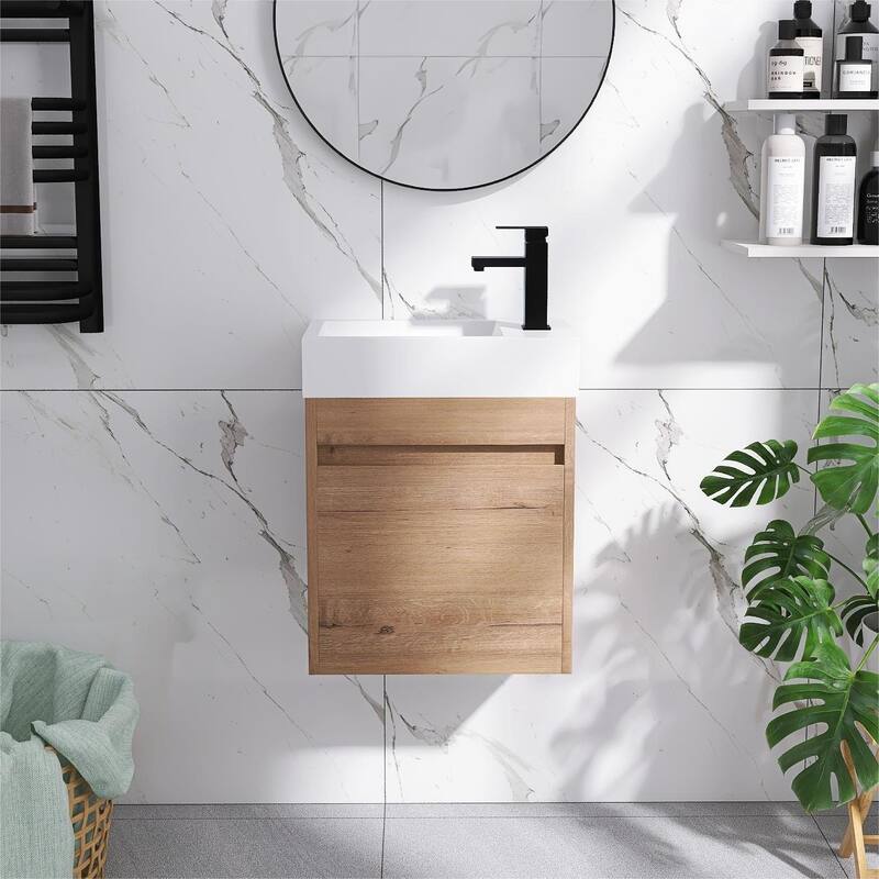 Bathroom Vanity With Sink In 16/18/23 Inch, Floating/Freestanding Bathroom Vanity With Soft Close Door - 18.1"W-Resin Sink - Imitative Oak