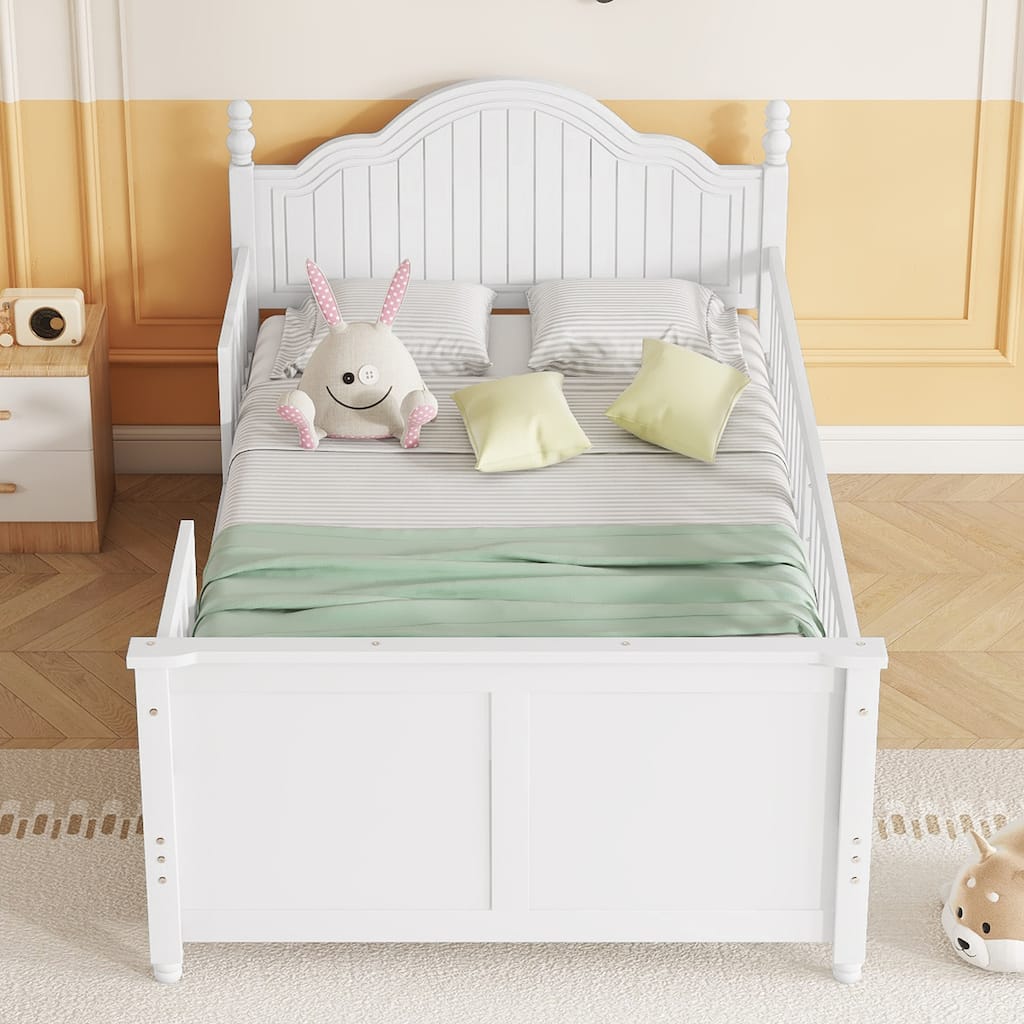 Low Profile Platform Bed with Headboard and Footboard, Solid Wood Kids Bed Frame with Removable Fences