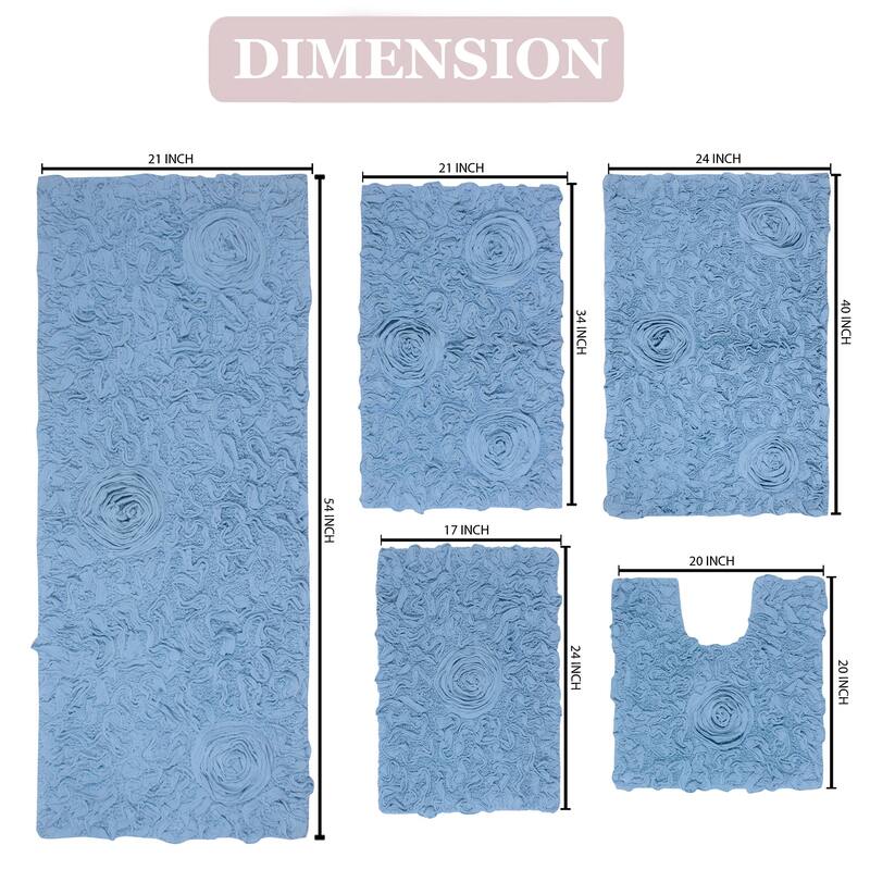 Bell Flower Collection 100% Cotton Non-Slip Bathroom Rug Set, Machine Washable Bath Rug, 5 Piece Bath Mat Set with Runner