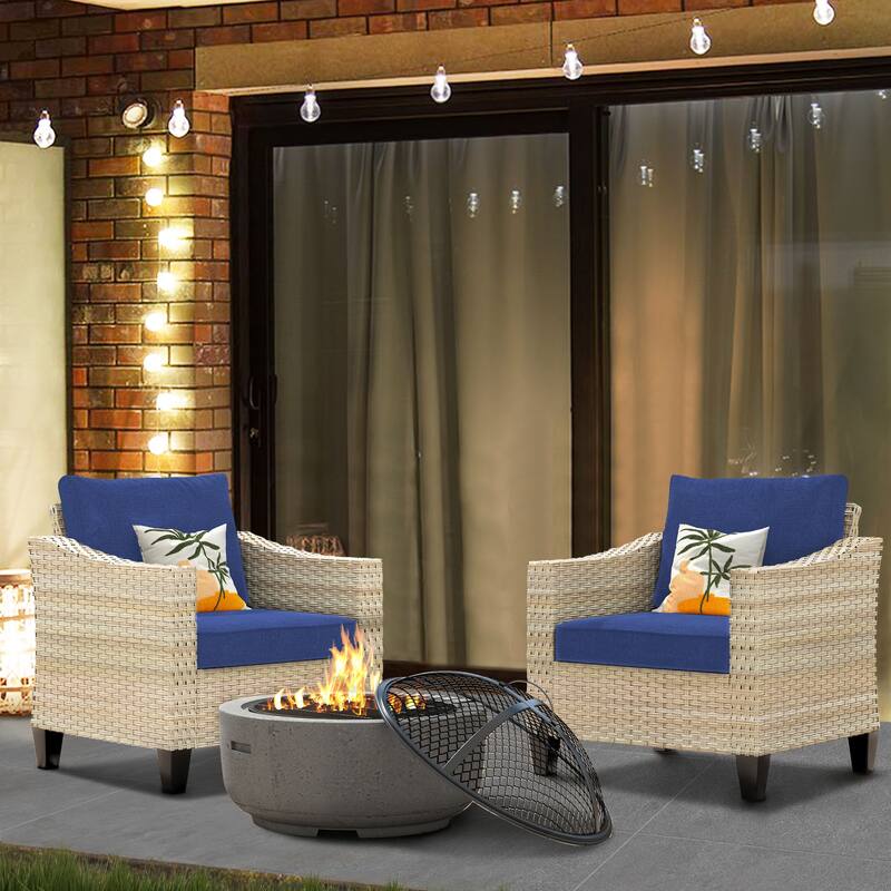 HOOOWOOO 3-piece Outdoor Patio Wicker Chat Set with Firewood Stove - Navy Blue