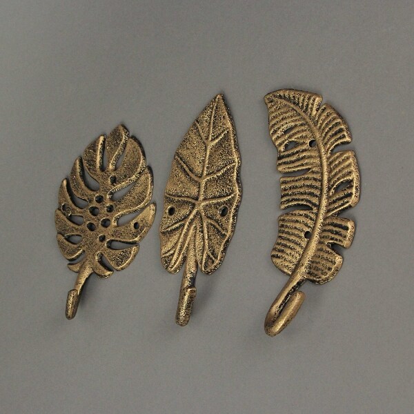 Set Of 3 Cast Iron Gold Tropical Leaf Decorative Wall Hooks Towel