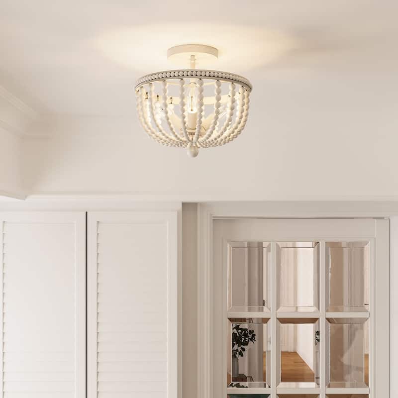 Cauhu 3-light Farmhouse Coastal Wood Beaded Semi Flush Mount Ceiling Lights -UL