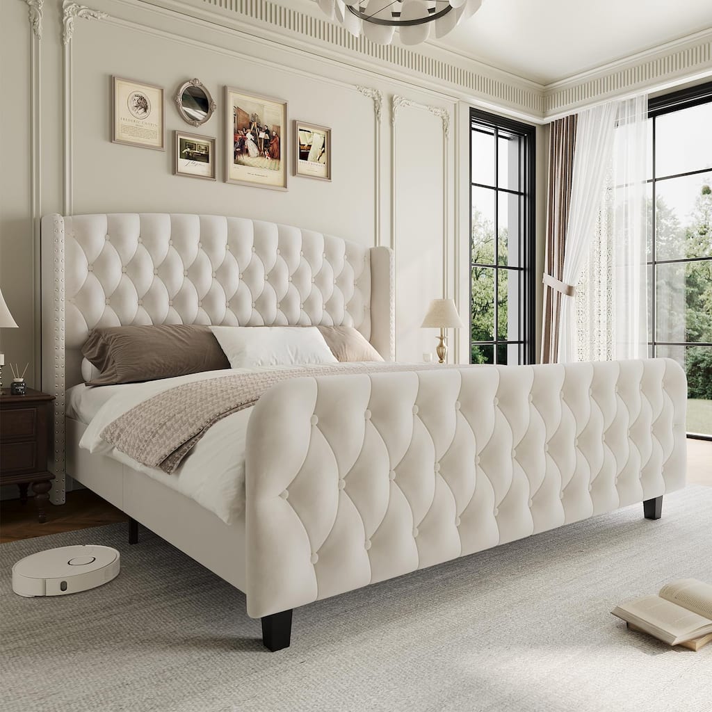 Velvet Upholstered Platform Bed Frame, with Deep Button Tufted Wingback Headboard