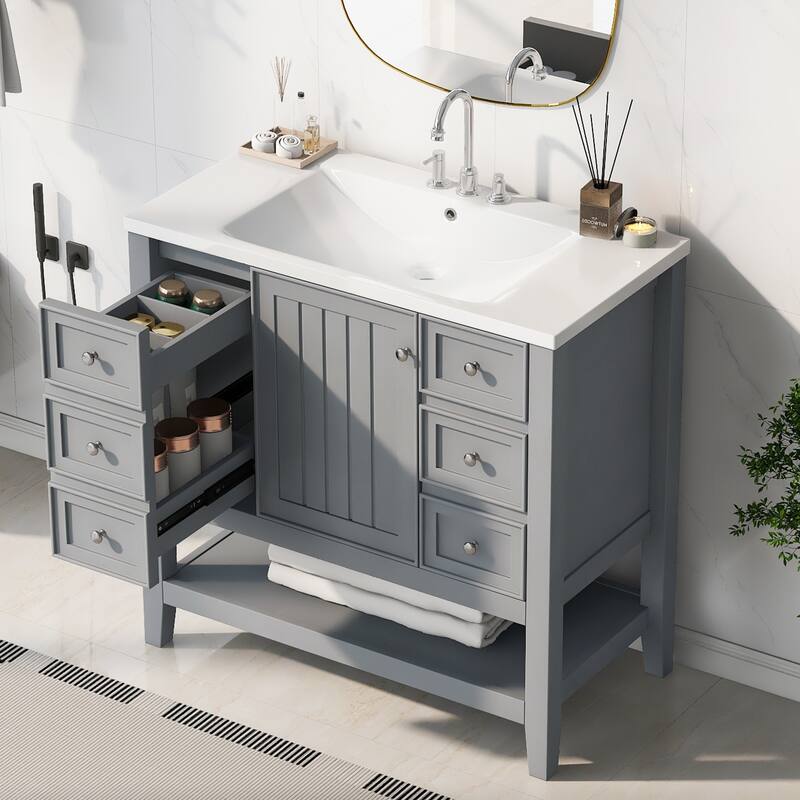 36" Bathroom Vanity with Sink Combo, One Cabinet and Three Drawers, Solid Wood and MDF Board