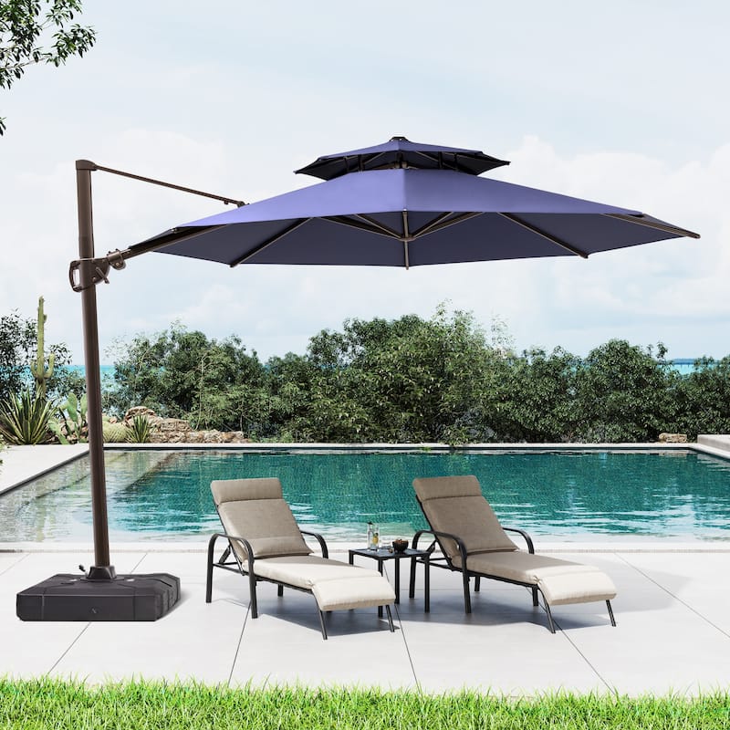 11 ft Outdoor Aluminum Dual Top Solar Powered LED Lighted Patio Cantilever Umbrella and Weighted Base