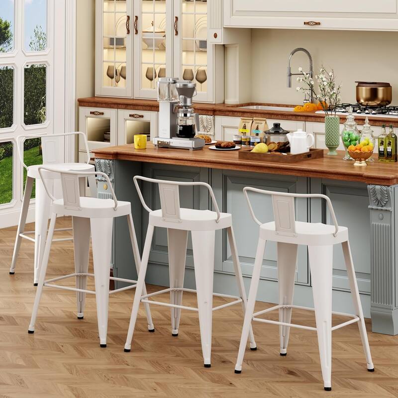 24 Inch Counter Stools Set of 4, Industrial Metal Barstools Bar Chairs with Large Seat and Low Back for Kitchen Island - White