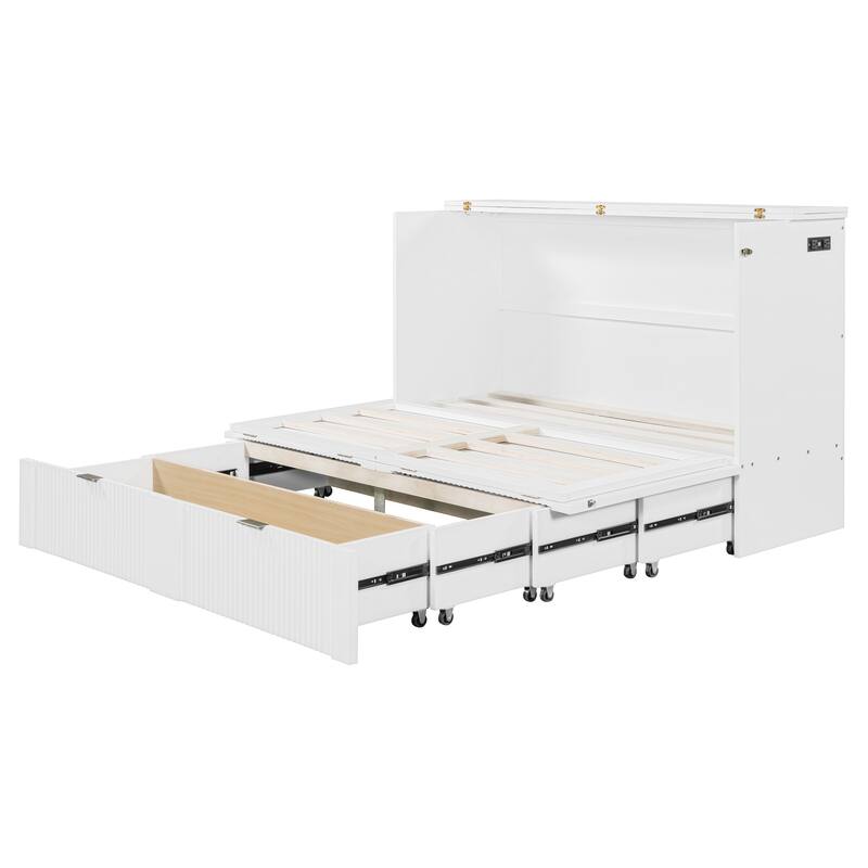 Queen Size Wall Bed with Drawer, USB Ports & Smooth Pulley Mechanism, Space-Saving White Cabinet Bed
