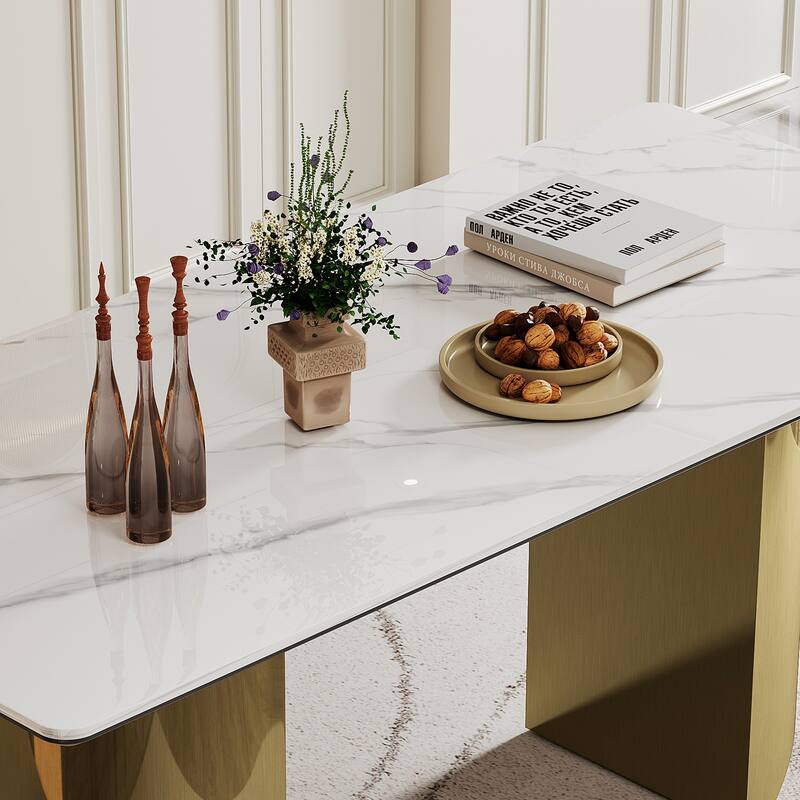 0.47" Thick Sintered Stone Composite Tempered Glass Top Dining Table with Stainless Steel Base