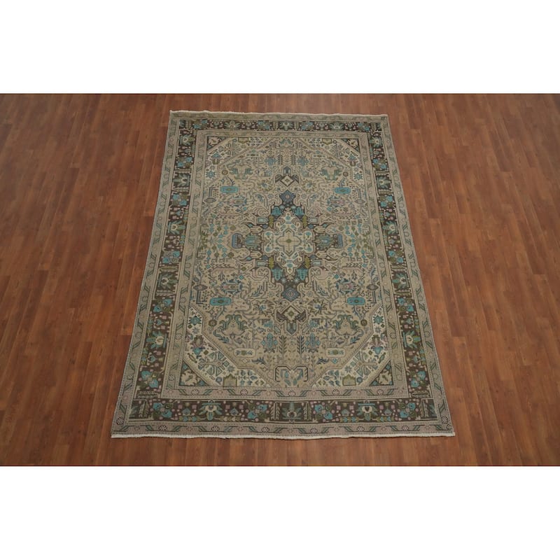 Hand Knotted Oriental 100% Wool Carpet Traditional Floral Beige & Ivories Tabriz Area Rug - 9' 3'' X 6' 5''
