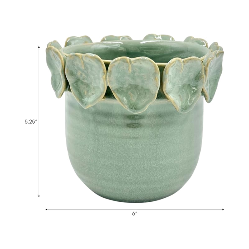 Stoneware Ceramic Planter Handcrafted Sculpted Leaf Embellishments