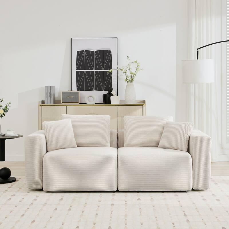 Corduroy Sectional Modular Sofa with Square Arms & Ottoman Extension for Flexible Arrangements