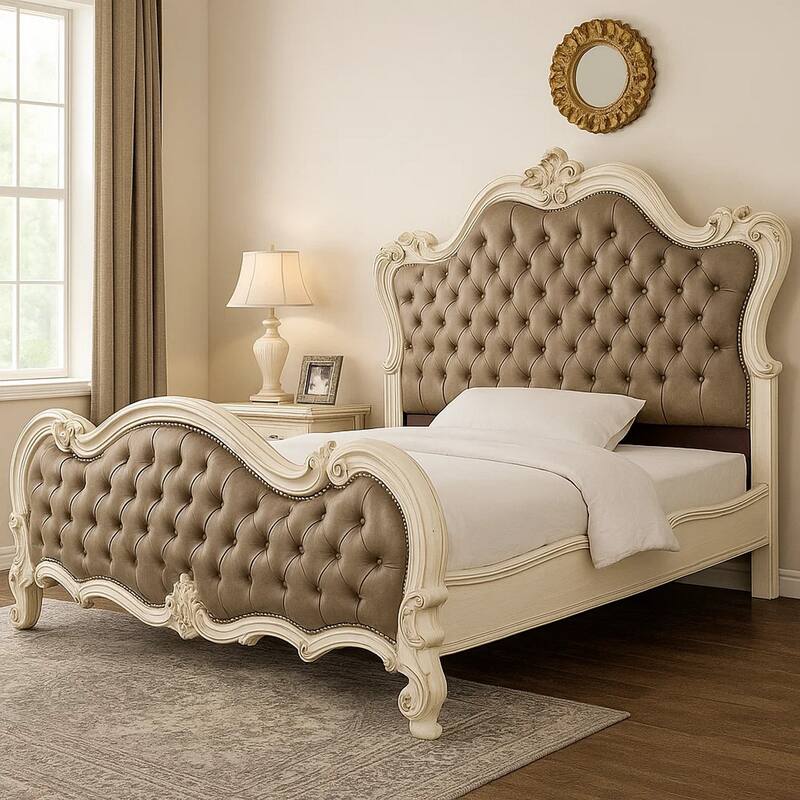 Sicily California King Bed, Classic Carved, Tufted Gray Faux Leather