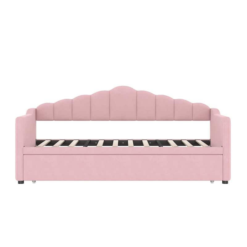 Upholstered Twin Size Daybed w/Adjustable Height Pop Up Trundle Bed