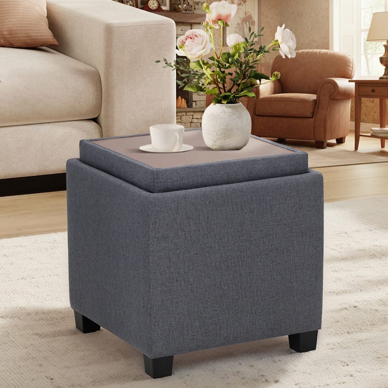 RENEWLINE ​18" Square Storage Ottoman with Tray - 250LBS Weight Capacity, Leather Upholstered Footstool for Living Room - 2 - Dark Grey