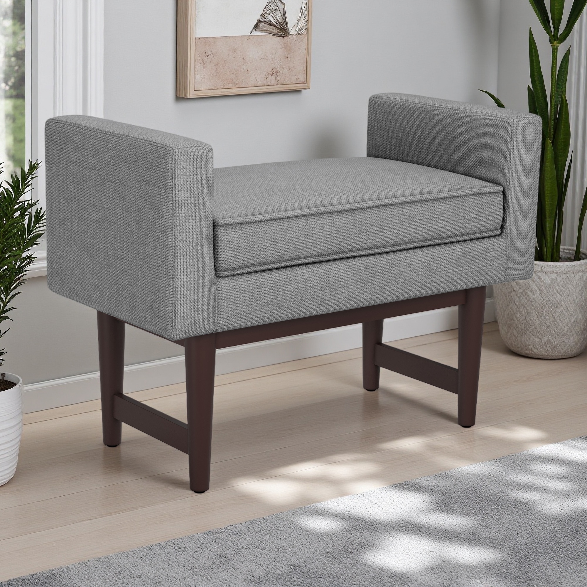 29"L Solid Rubberwood & Foam Ottoman with Woven Fabric, Raised Sides, Padded Cushion, and Solid Wood Base - Contemporary Design