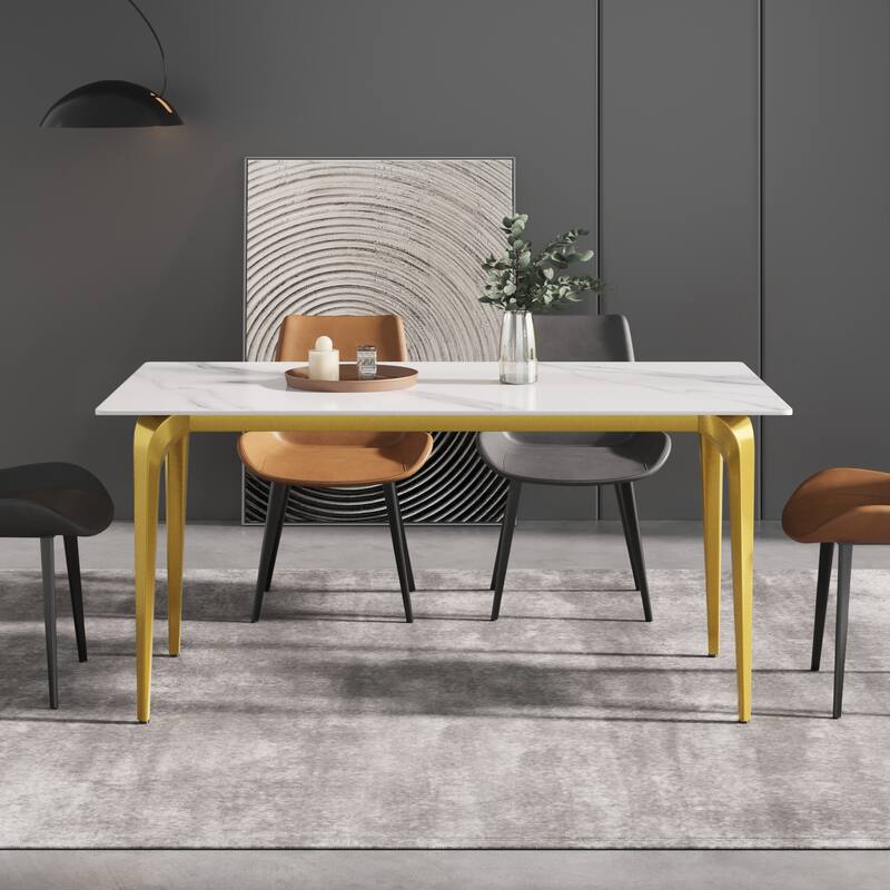 63" Light Luxury Marble Dining Table, Rectangular Sintered Stone Top and Carbon Steel legs