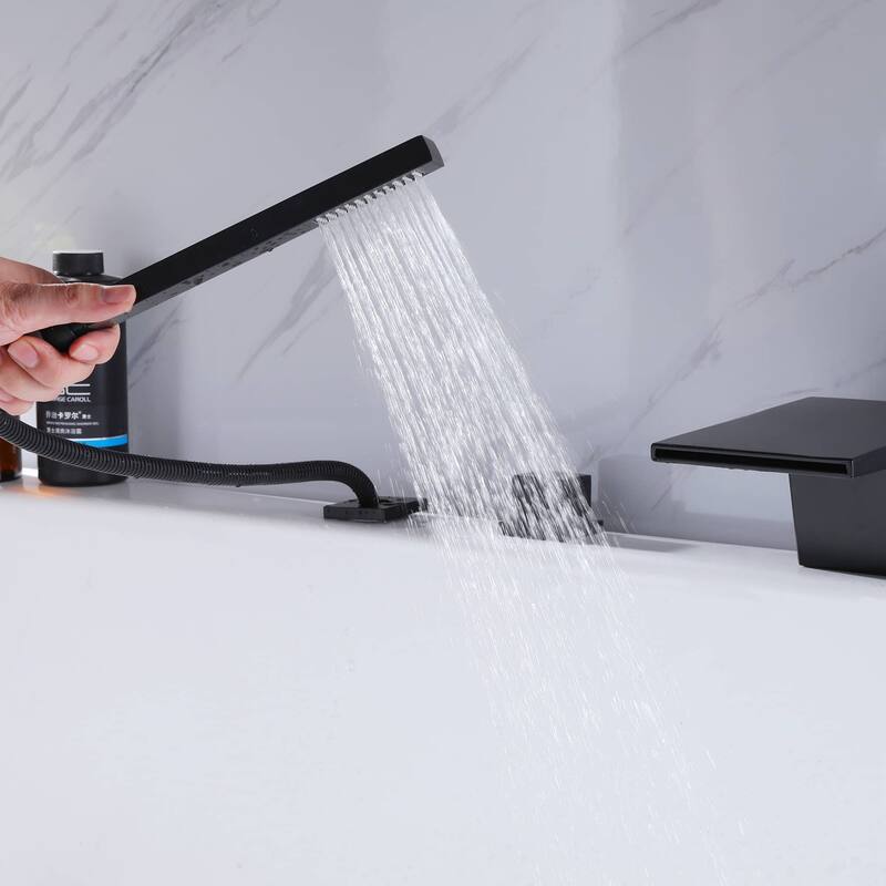Tub Faucet With Handheld Shower Matte Black Deck Mount Tub Filters 4 Holes Modern Bathroom