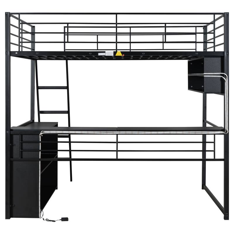 Full Size Loft Bed with Desk, LED Shelves, and Storage - Metal Frame with Guardrails and Ladder, Space-Saving Design for Teens