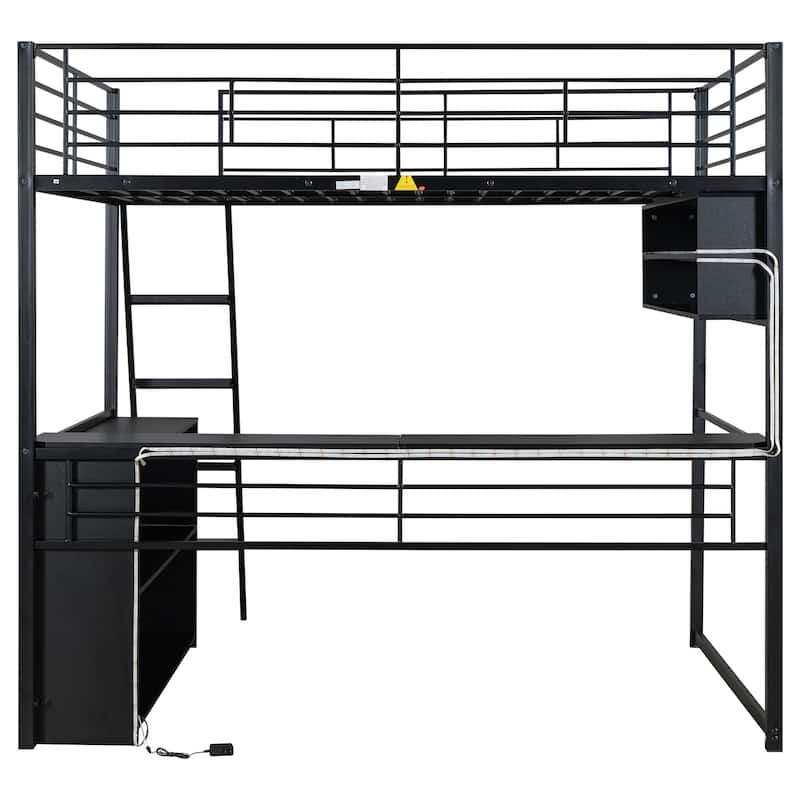 Metal Full Size Loft Bed w/Desk & Stairs, Heavy Duty Loft Bed Frame w/LED Lights, Loft Bed Full Size w/Storage Shelves for Kids
