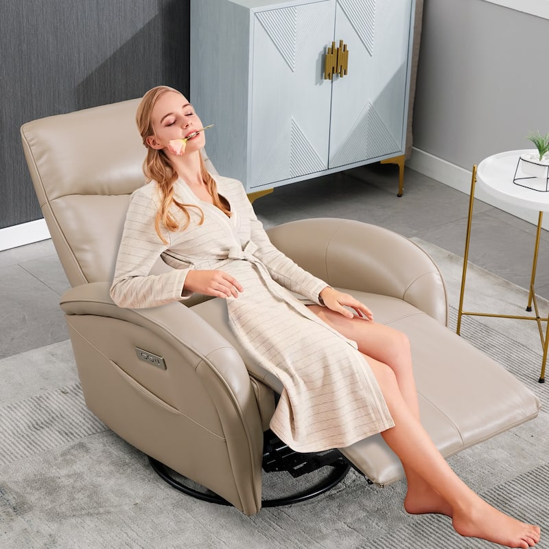 Genuine Leather Power Recliner Chair, 270° Swivel Rocker, USB, Type-C