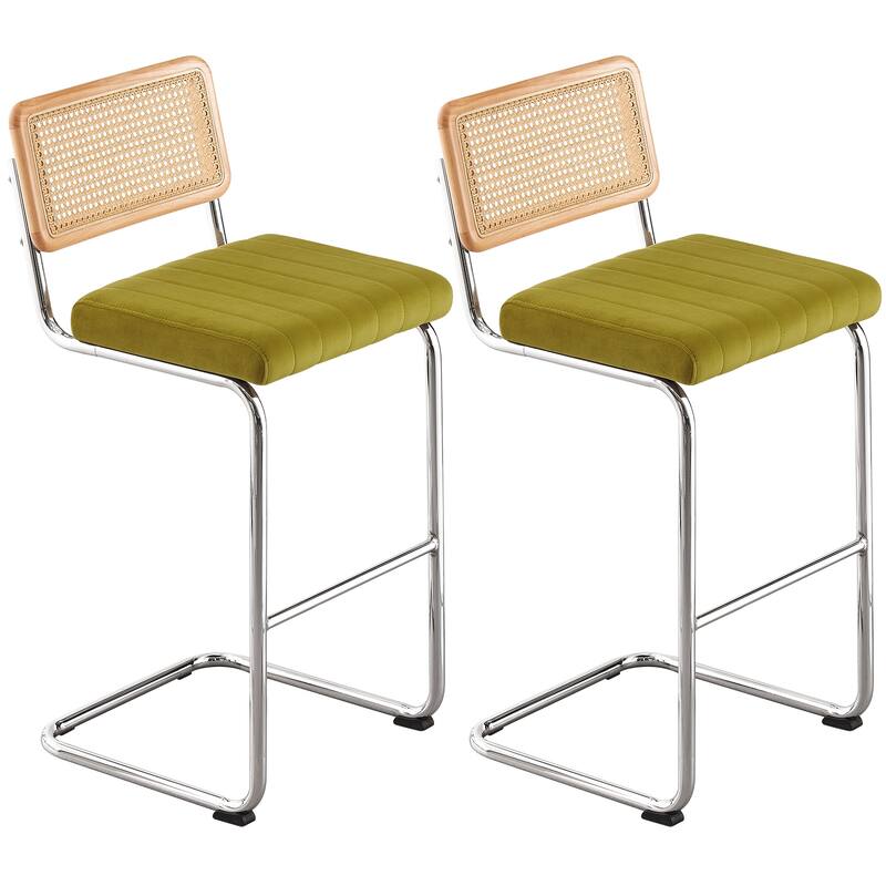 Velvet Upholstered Rattan Counter/Bar Stools, Set of 2/3 - Set of 2 - 30"Silver Legs-Olive Green