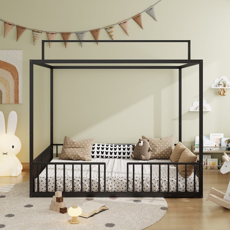 3-in-1 Convertible Metal Bed for Kids, Toddler Floor Bed, Fenced Bed and Montessori Elevated Bed with House-shaped Frame