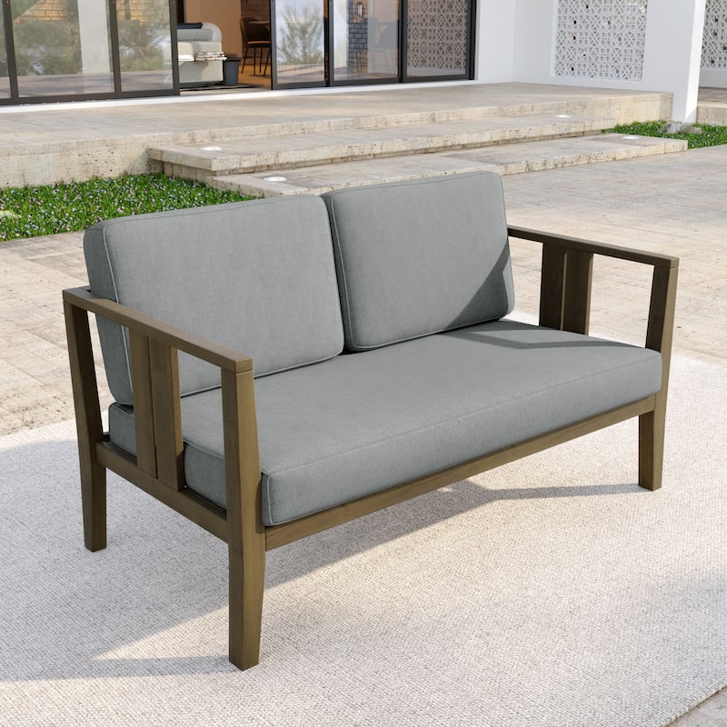Casual Teak Wood Outdoor Patio Loveseat with Cushions