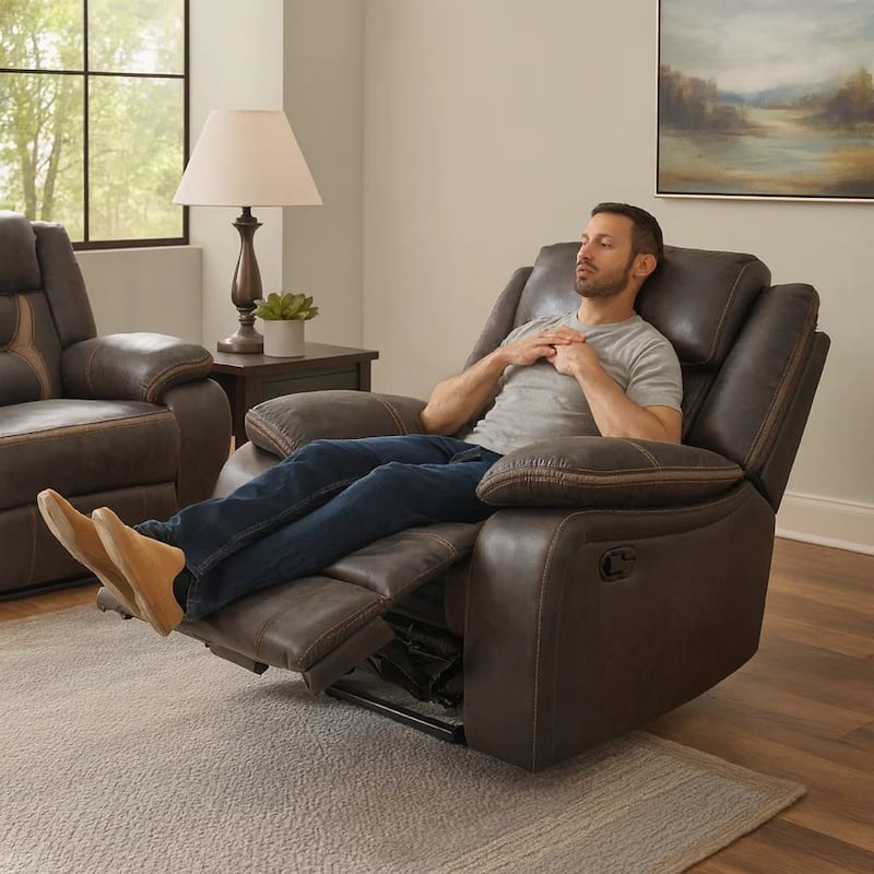 Jake 41 Inch Gliding Manual Recliner, Pillowtop, Dark Brown Faux Leather