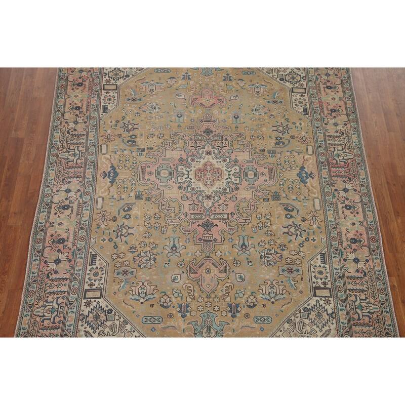 Hand Knotted Oriental 100% Wool Carpet Traditional Medallion Yellow & Gold Tabriz Area Rug - 9' 8'' X 6' 10''