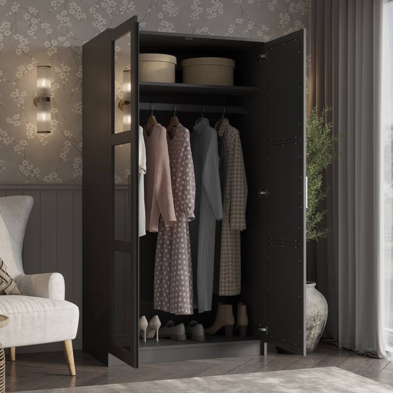 Palace Imports 100% Solid Wood 2-Door Urban Wardrobe Armoire with Solid and Mirrored Doors