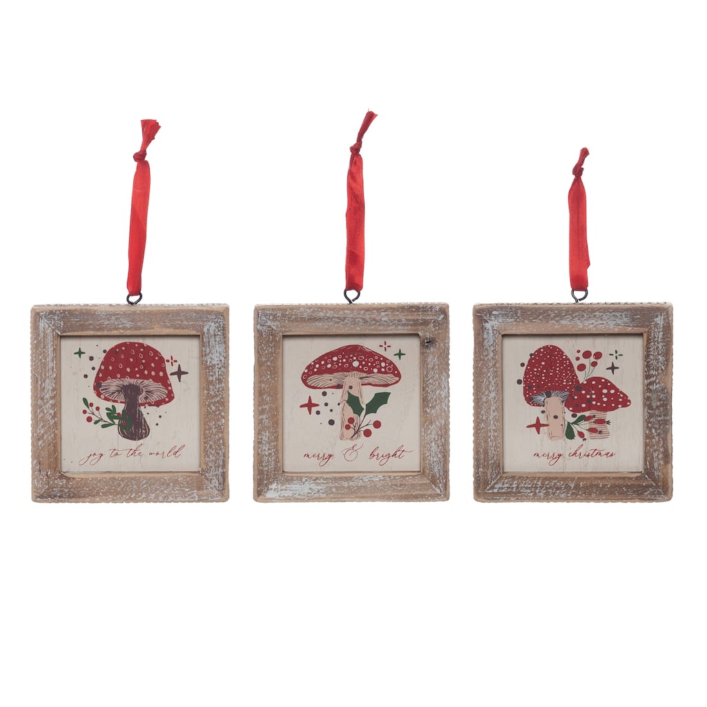 Transpac Wood Merry Mushroom Block Ornament Set of 3 Christmas Home Decorations