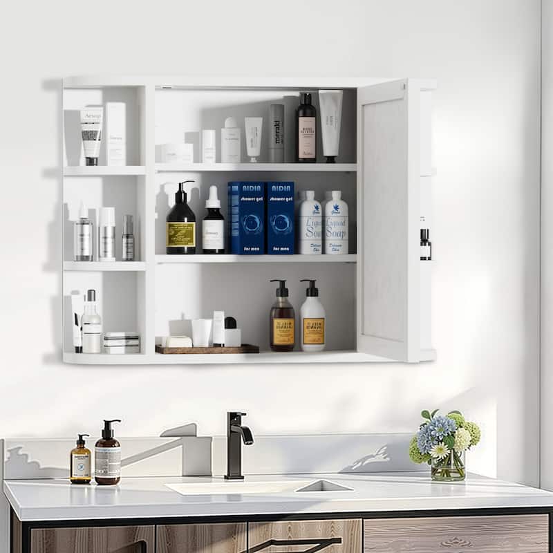 Wooden Bathroom Medicine Cabinet with Mirror Wall Mirror Storage Cabinet with Doors and 6 Open Shelves for Over Sink