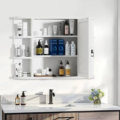 Wooden Bathroom Medicine Cabinet with Mirror Wall Mirror Storage Cabinet with Doors and 6 Open Shelves for Over Sink