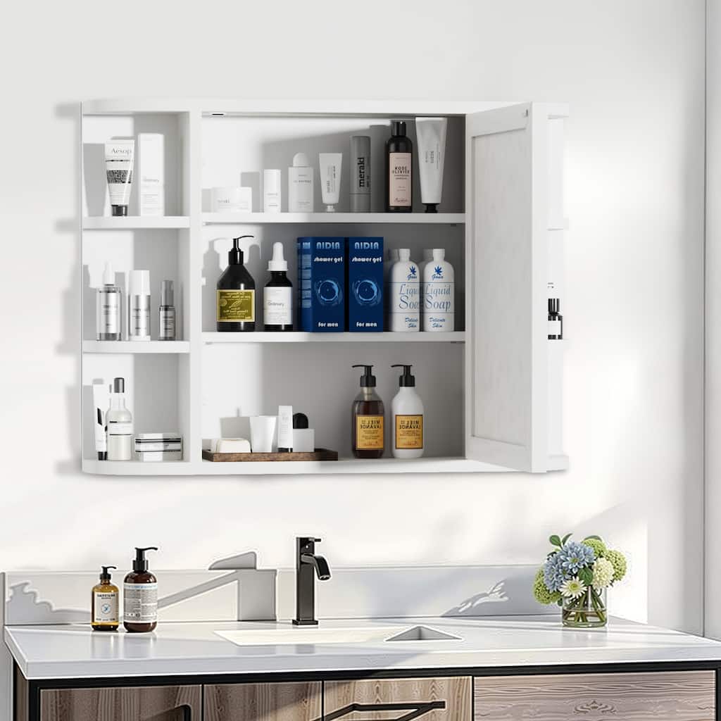Wooden Bathroom Medicine Cabinet with Mirror Wall Mirror Storage Cabinet with Doors and 6 Open Shelves for Over Sink