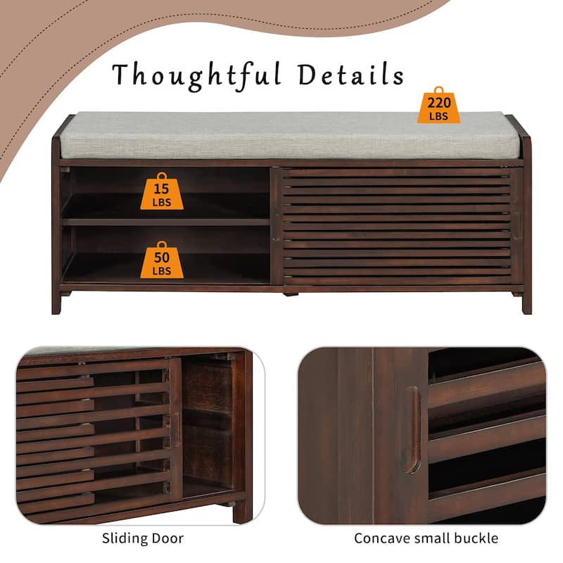 Distressed Shutter Shoe Bench with Cushion, Entryway Storage Bench with Sliding Door & Shelves, 43.3" Wide