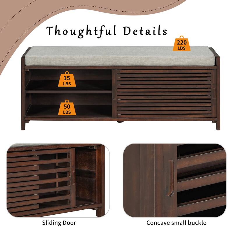 Shoe Storage Bench Entryway Bench with Cushion, Sliding Door
